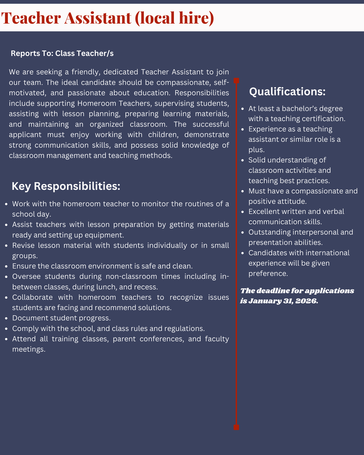 Teacher assistant opne position