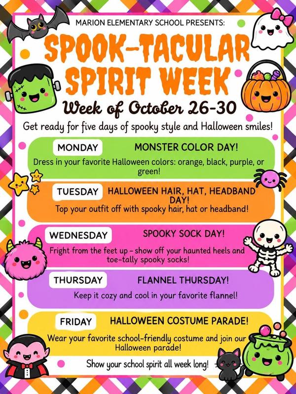 Colorful flyer for Halloween week Spook-tacular spirit dress up days