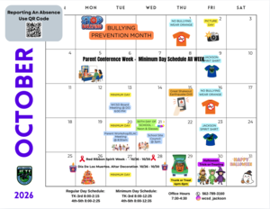October Calendar for Lydia Jackson Elementary