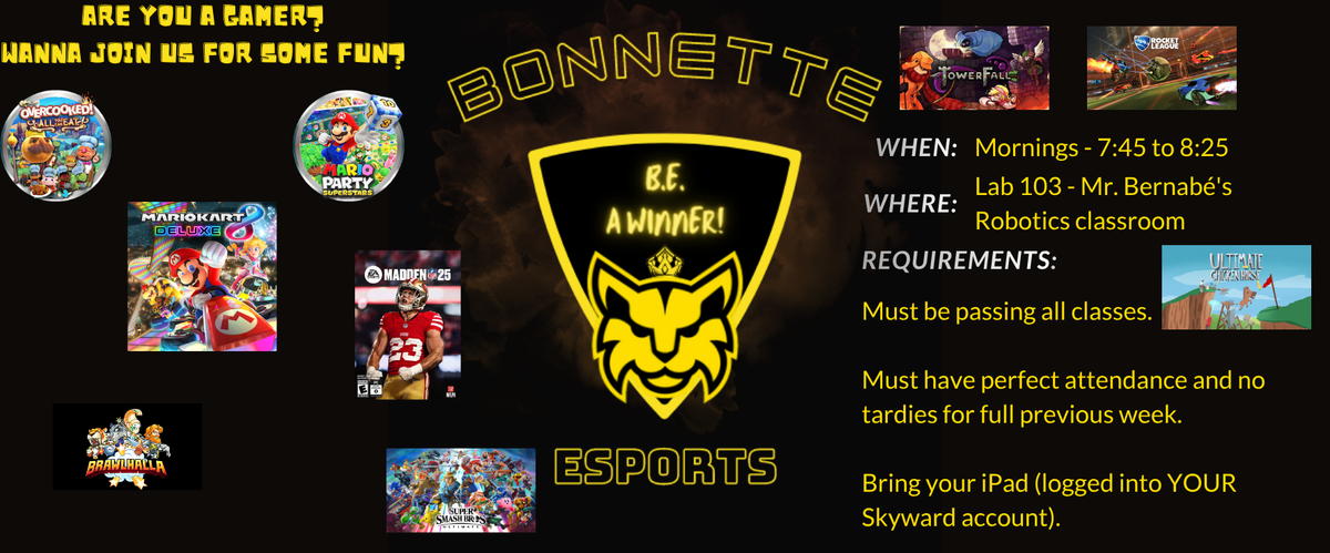 Flyer with information about Video Game club. Bobcat head in yellow. Video game screen shots with different games.