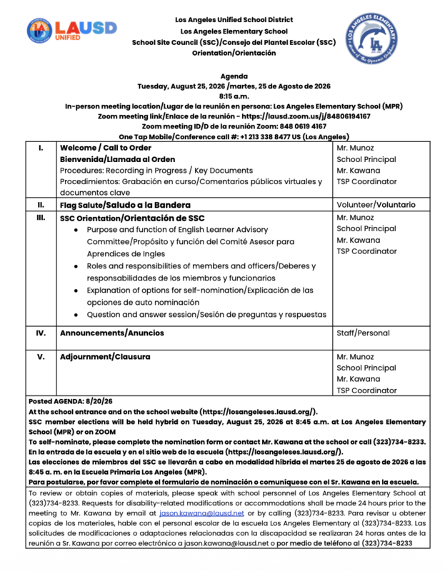SSC Parent Agenda