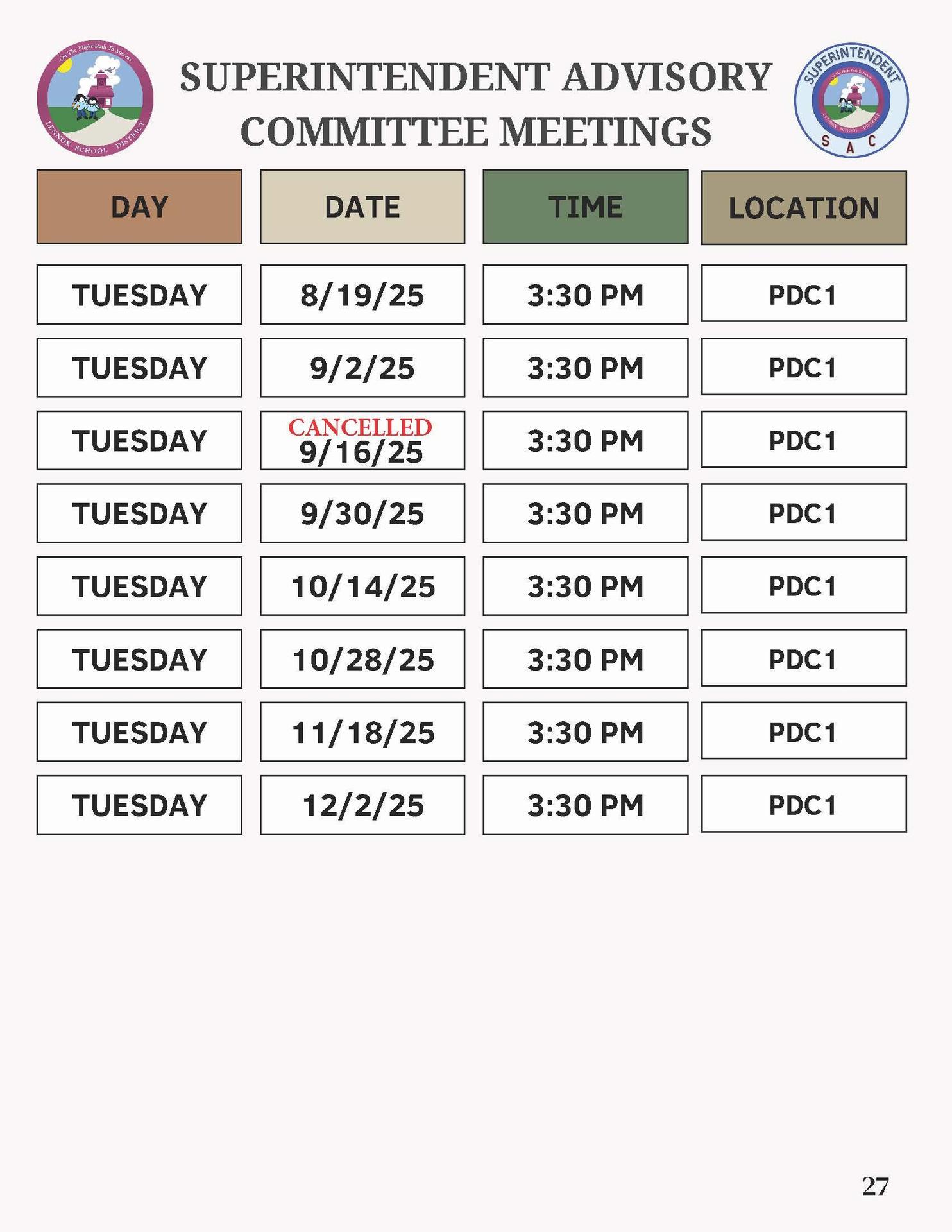 SAC Meeting Schedule 