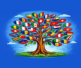 Illustrated tree with leaves filled with flags of French-speaking countries
