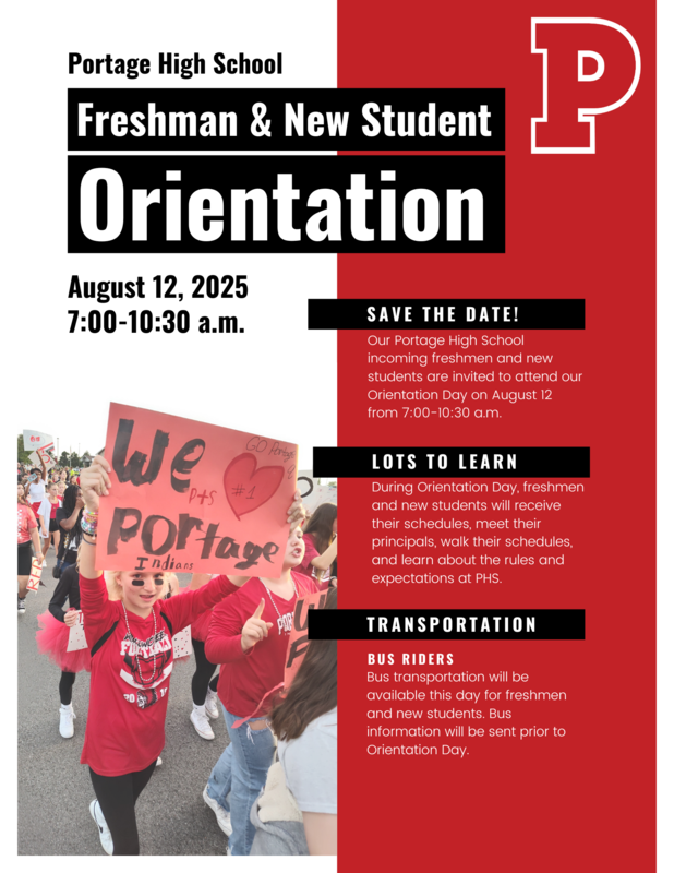 Orientation flyer for Portage High School's Freshman and New Student event.