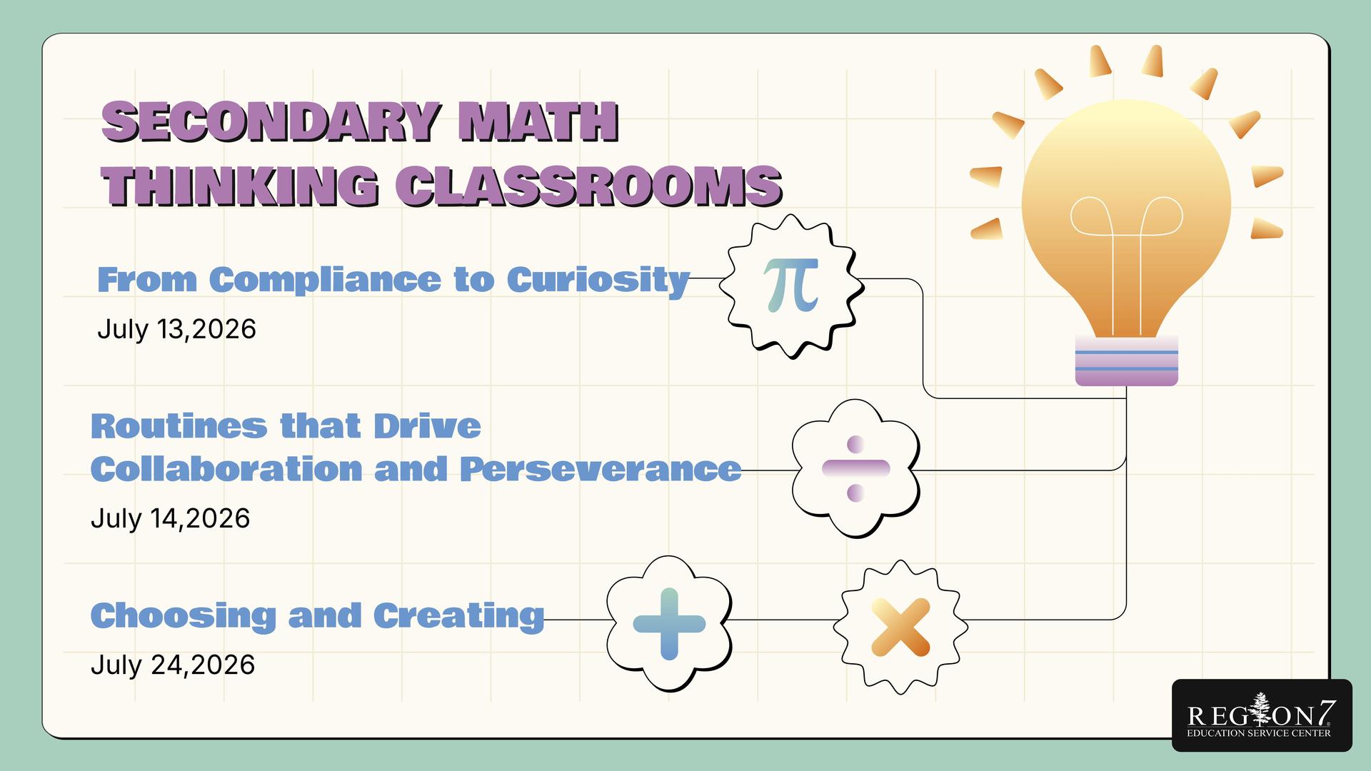 Graphic for Secondary Math Thinking Classrooms: From Compliance to Curiosity workshop.