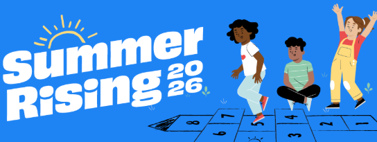 Three kids playing hopscotch/the words Summer Rising 2026