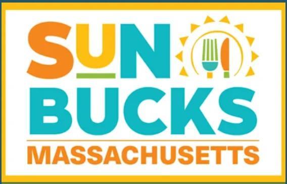 Logo for Sun Bucks program in Massachusetts with sun and food icons.