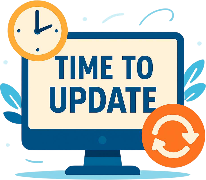 A computer monitor displaying 'TIME TO UPDATE' with clock and refresh icons.