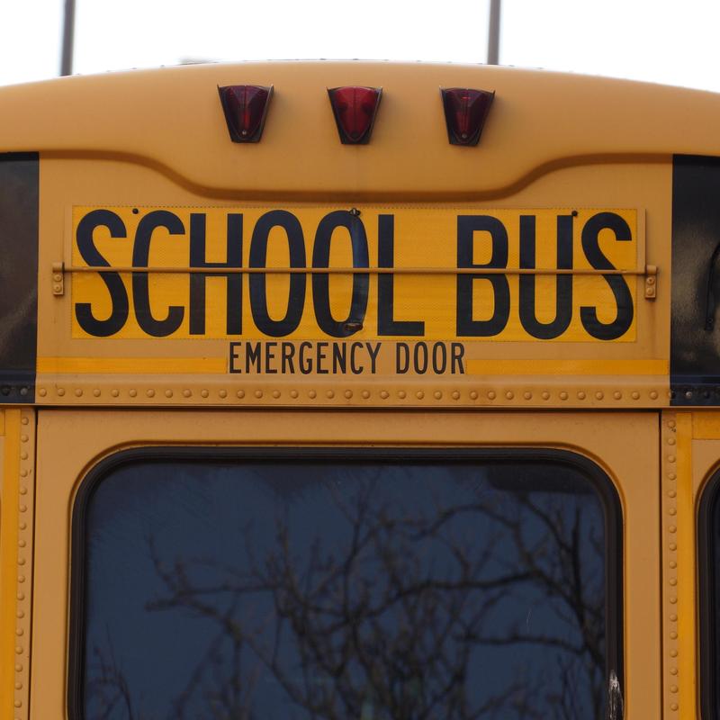 The back of a yellow school bus displaying an emergency door sign.
