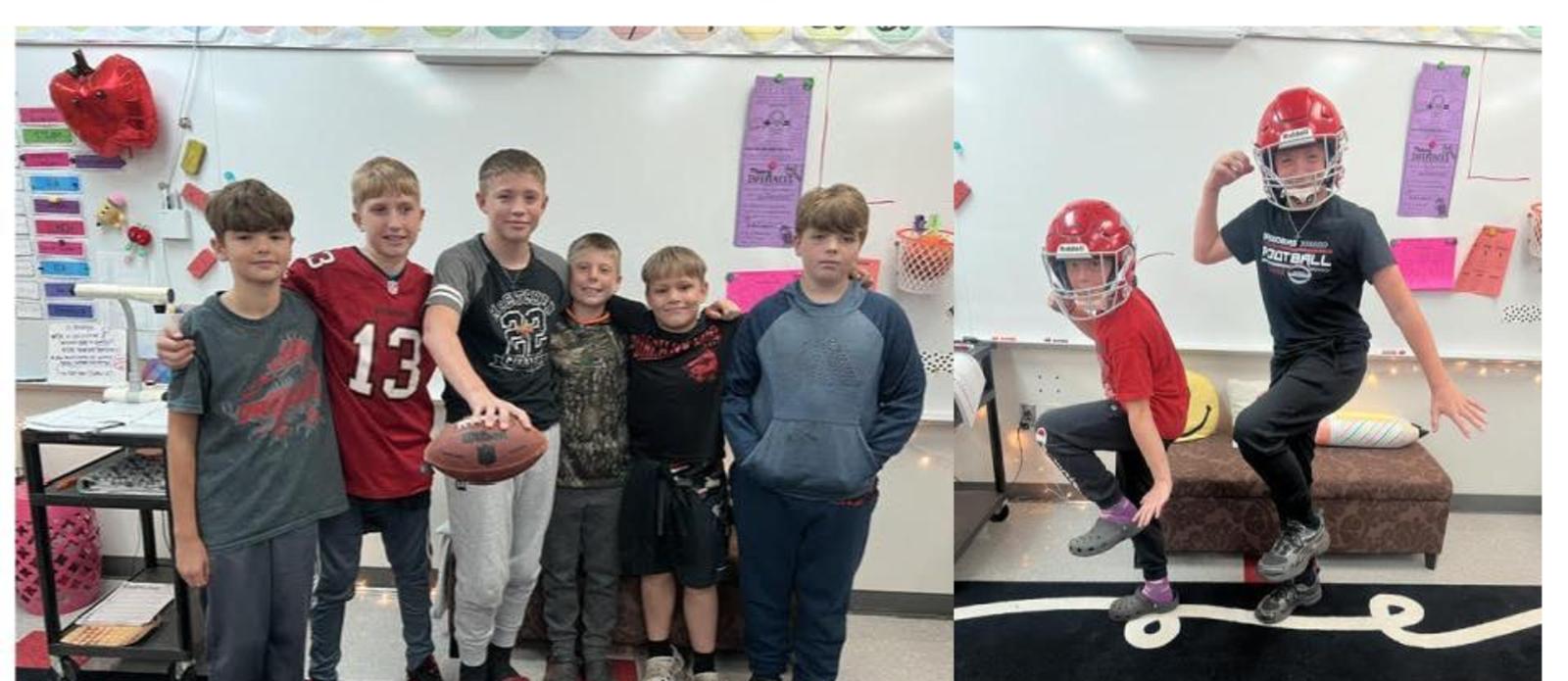 Students posing with a football theme in the classroom