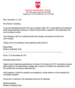 Hudson School Emergency Drill Notice-December 22, 2025
