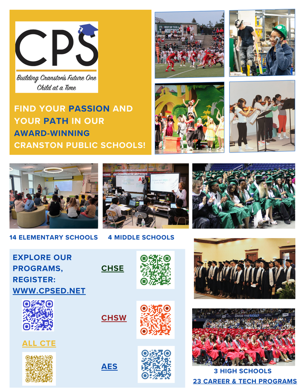 List of CTE programs links and QR codes on flier with photos of students and staff.