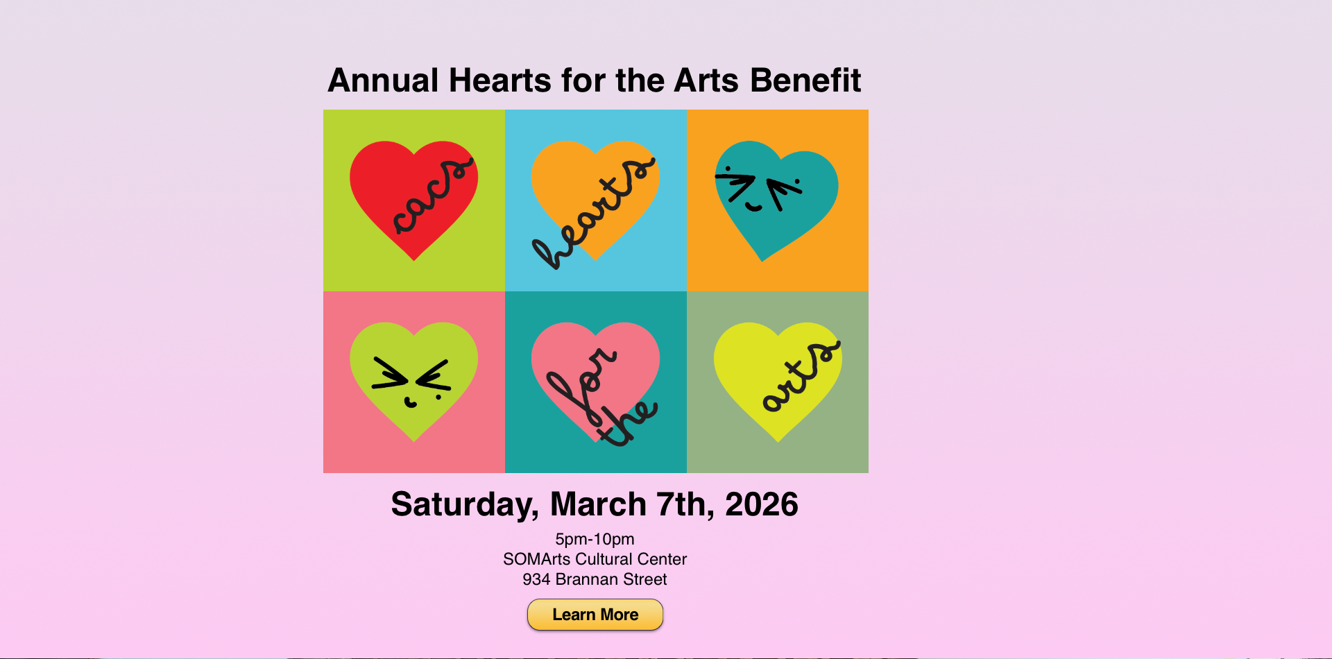 Annual Hearts for the Arts Benefit, Saturday, March 7th, 2026. Get your tickets