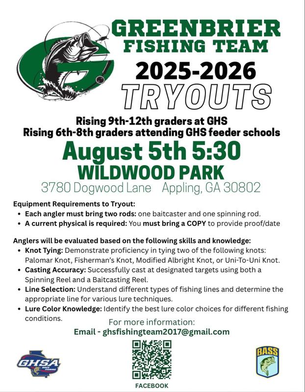 Greenbrier Fishing Team Tryouts 2025-2026 August 5th 6:30 Wildwood Park