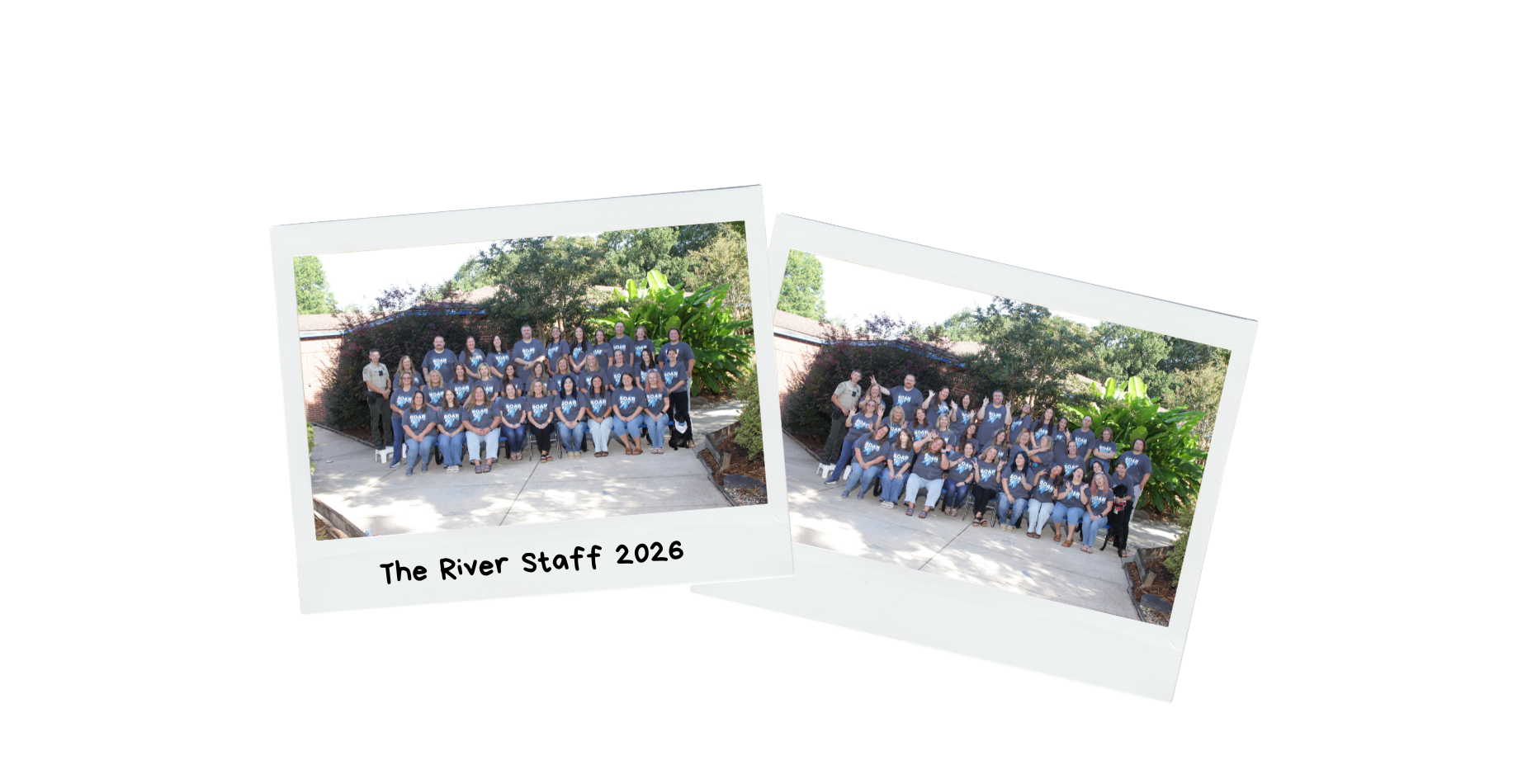 Group photo of the River Staff 2026 surrounded by greenery.