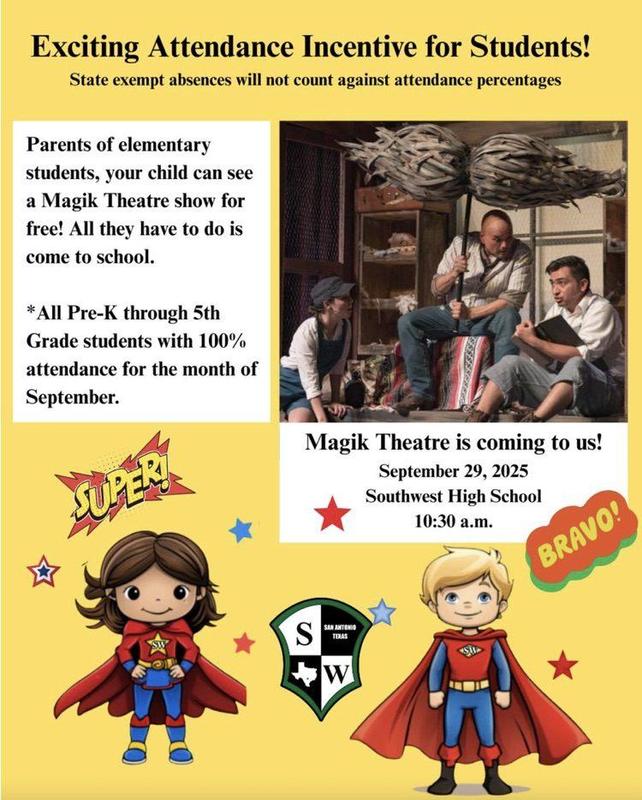 Yellow background, boy and girl superheroes wearing blue pants and red capes; photo of actors in play wearing neutral colored clothing