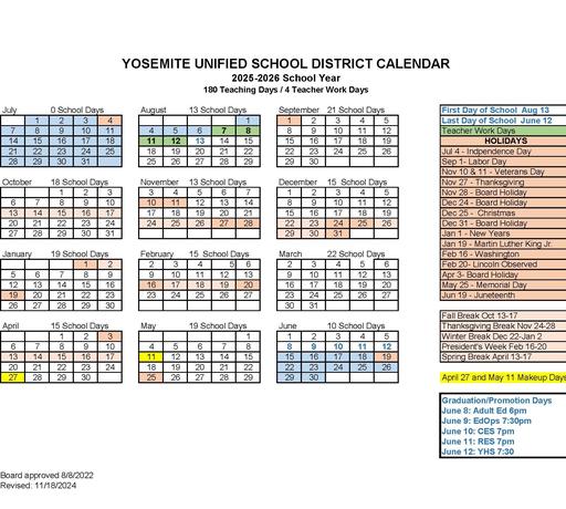2025-2026 YHS School Days Calendar