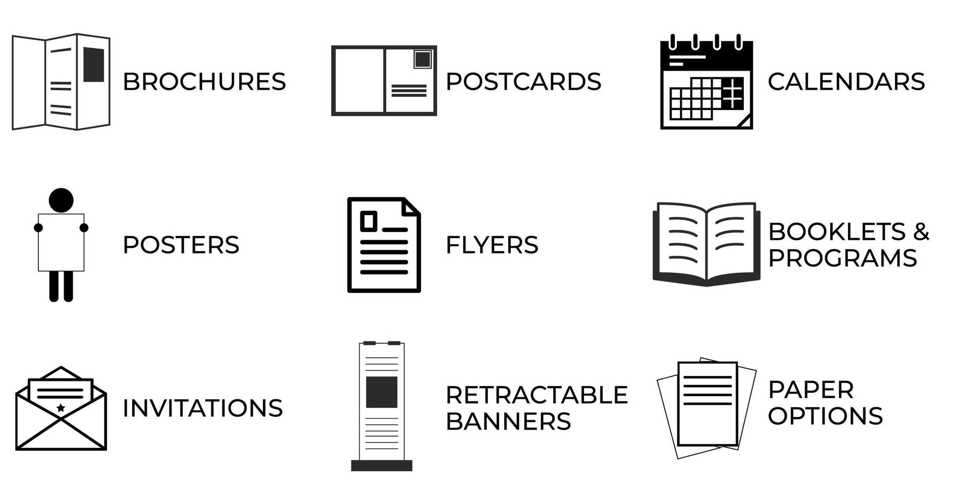 icons displaying brochures, postcards, calendars, posters, flyers, booklets and programs, invitations, retractable banners, paper options