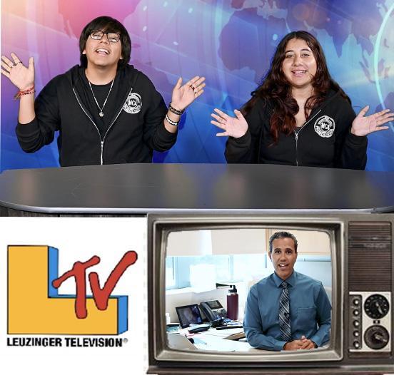 Two young hosts smiling and gesturing on a news set, with a retro television display.