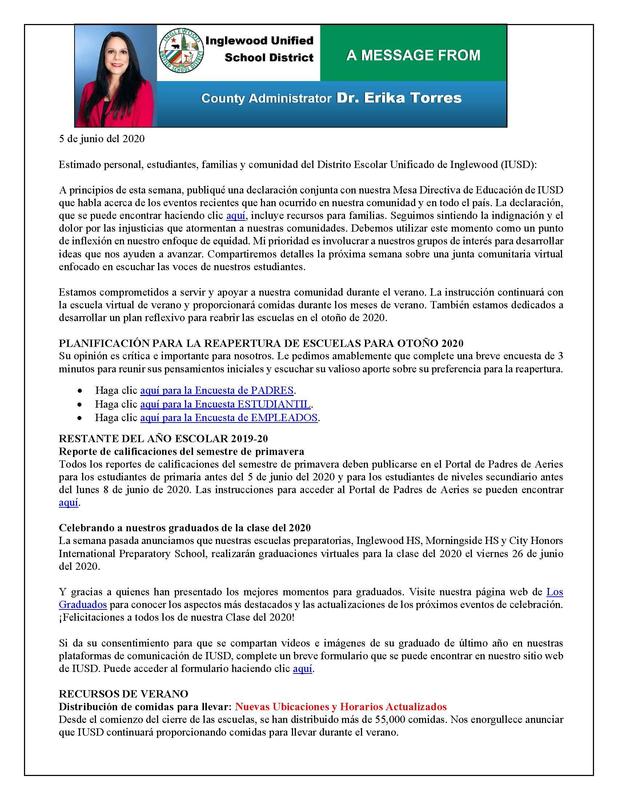 Comunicacion a Padres y Familias 6-5-20 Featured Photo