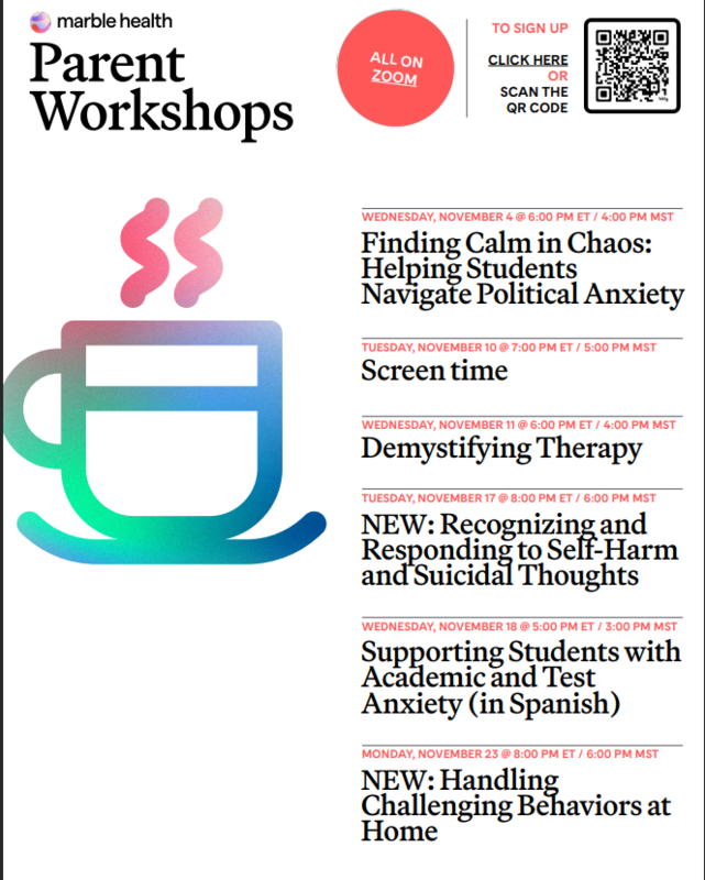 Event schedule for parent workshops with a coffee cup graphic.