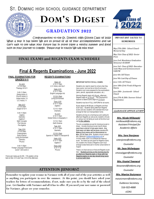 Dom's Digest - Guidance Department Newsletter (Graduation 2022 Edition)