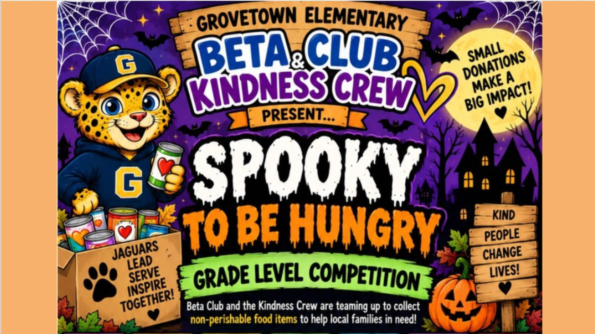 A colorful promotional poster for a food drive competition featuring a friendly cartoon leopard.