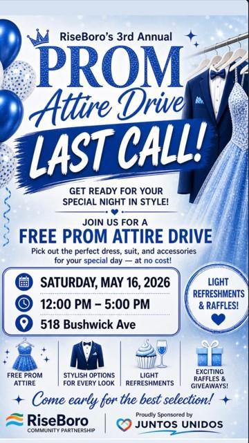 Prom attire drive announcement featuring event details and offers.
