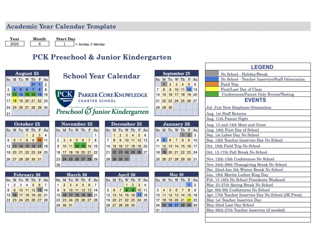 PCK Preschool 2025-26 Academic Calendar