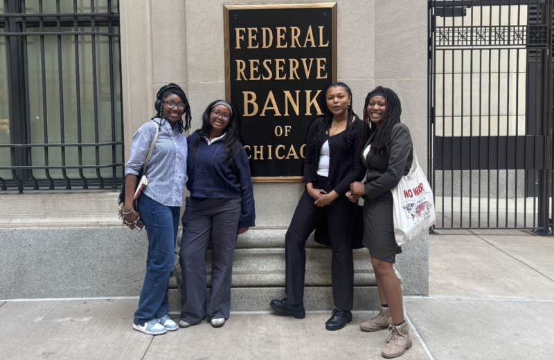 Brooks students in front of the Federal Reserve Bank of Chicago