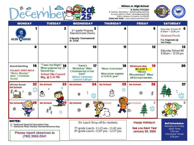 Wilson Jr. High School December Calendar