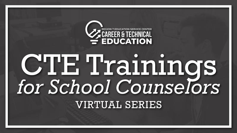 CTE Trainings for School Counselors graphic with dark background and bold white text.