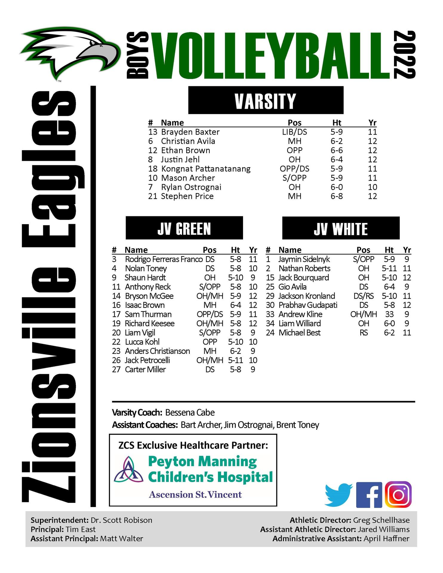 Roster Boys Volleyball Zionsville Community High School