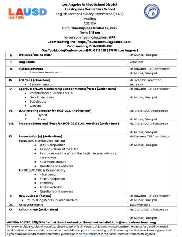 September ELAC Agenda