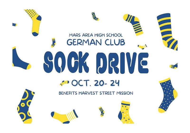 A picture of flying socks around text for a Sock Drive.