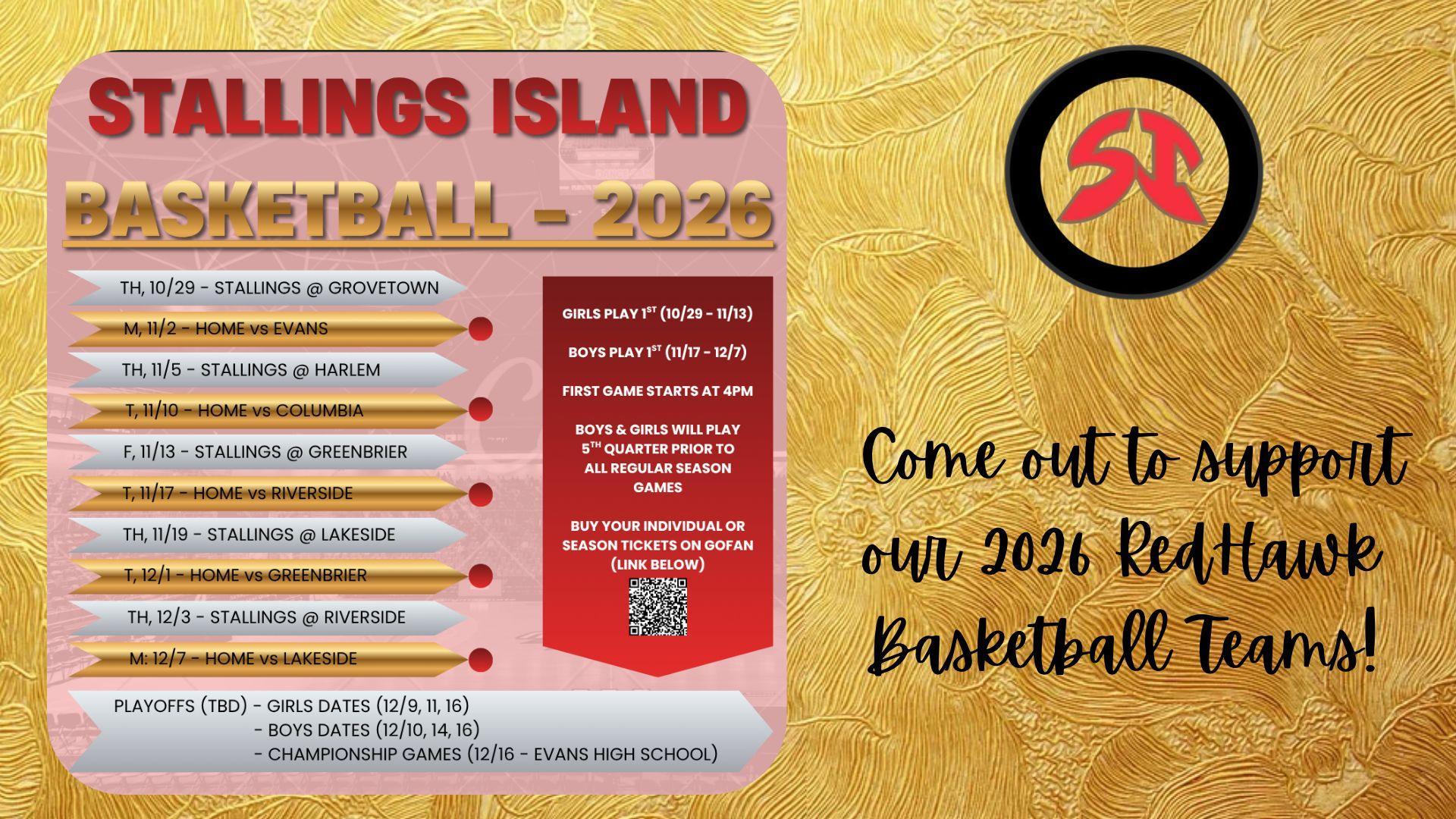 Basketball schedule for Stallings Island 2026 with team details and dates.