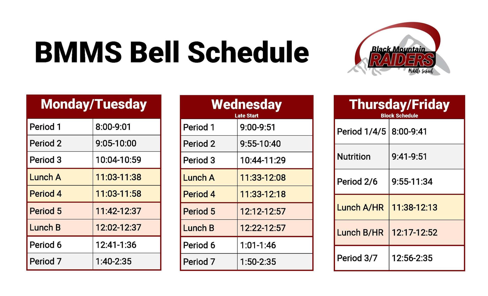 Bell Schedules for 2025-26