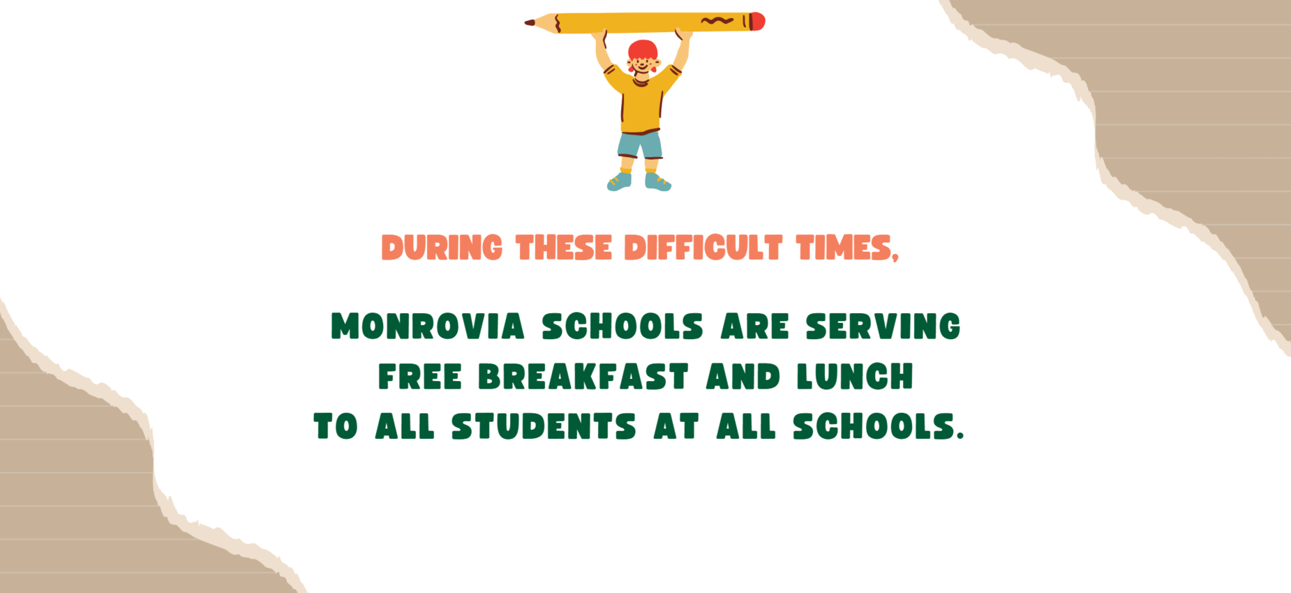 Cheerful school announcement about free meals for all students.