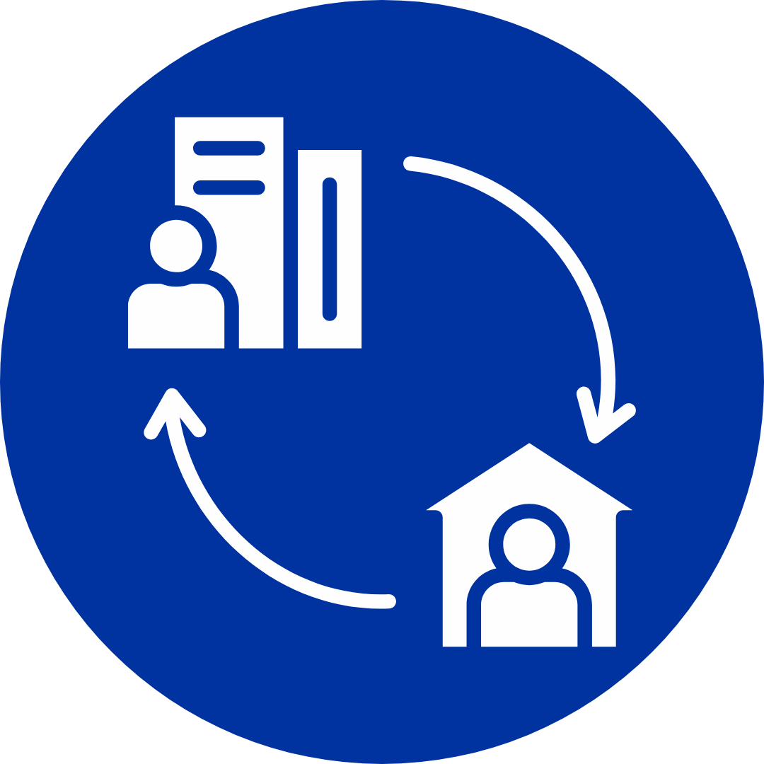 Icons depicting user profile, data flow, and home with directional arrows.