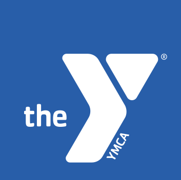 White YMCA Logo. Blue background.