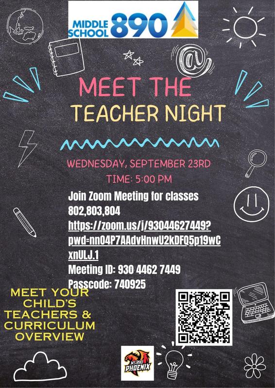 Event flyer for Meet the Teacher Night with Zoom meeting details and QR code.