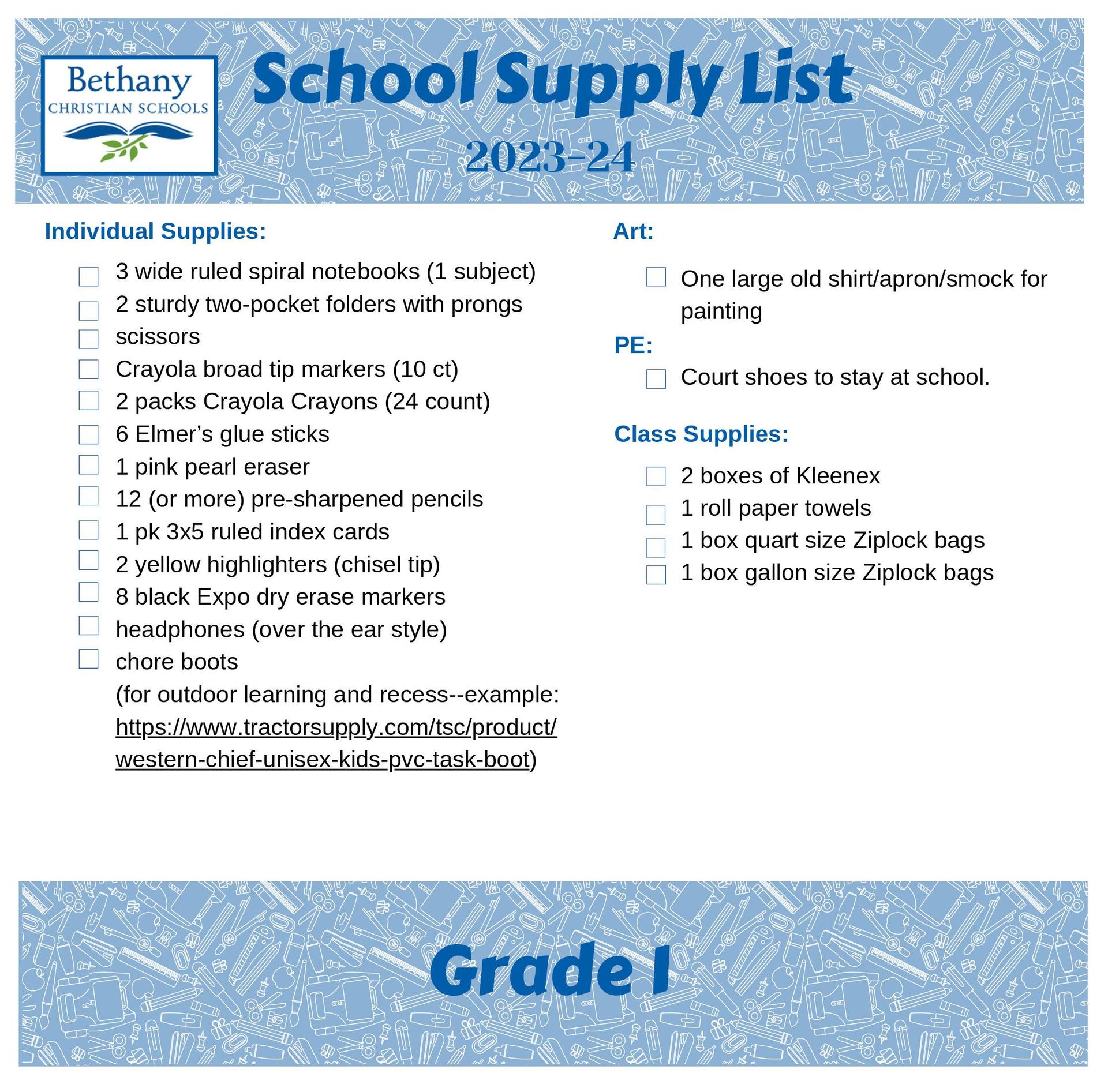 Back to School Supply Lists Current Bethany Families Bethany