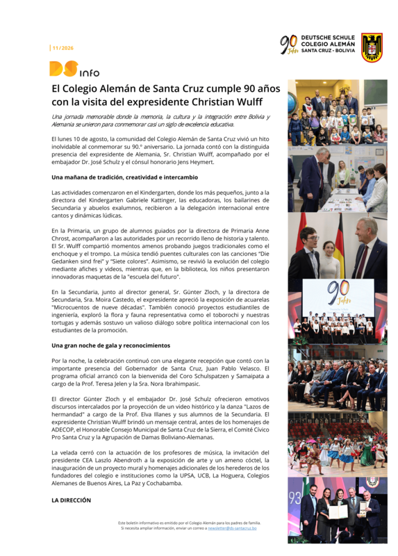 DS-info #11 - 2026: El Colegio Alemán de Santa Cruz cumple 90 años con la visita del expresidente Christian Wulff Featured Photo