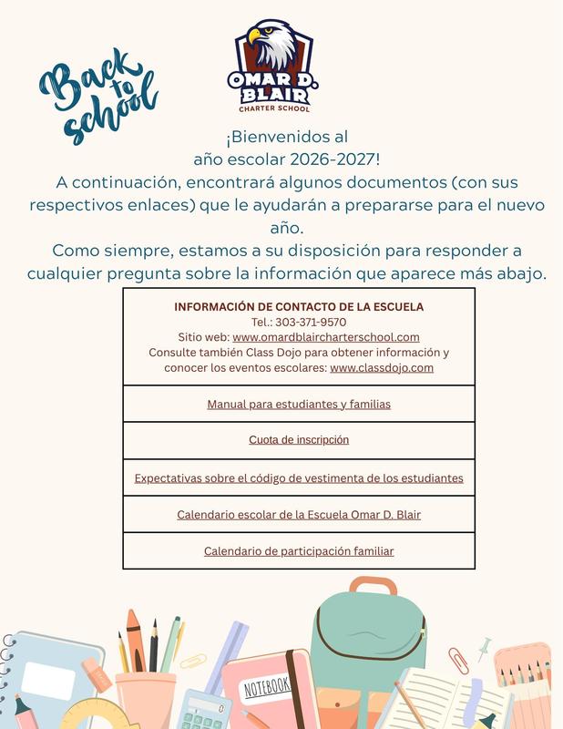 Announcement in Spanish welcoming students with school details.