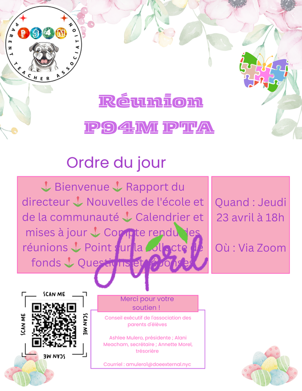 Flyer for P94M's Parent Teacher Association April Meeting (French)