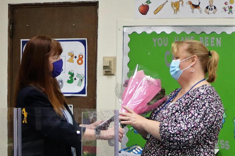 Superintendent Dr. Margaret Dolan pays a surprise visit on April 28 to Franklin Elementary School Achieve teacher Nancy Rygiel, recipient of the 2021 Rotary Club of Westfield’s Philhower Fellowship Award.
