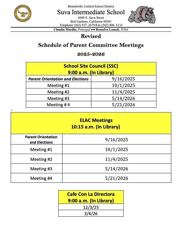 Revised Schedule of Parent Committee Meetings 2025-2026