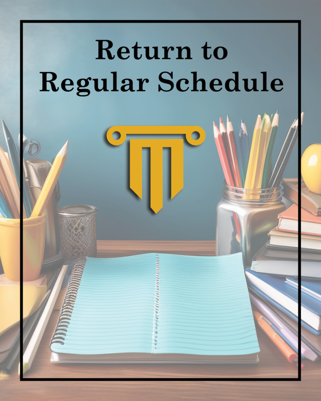 School supplies background stating "Return to Regular Schedule."