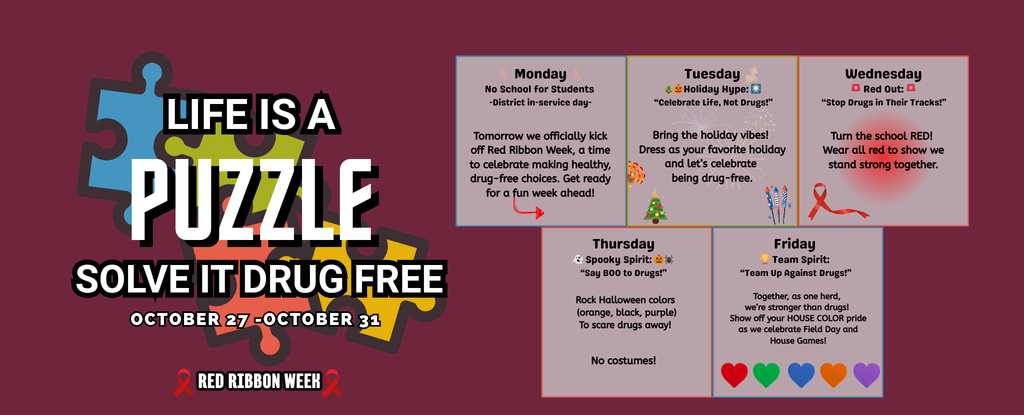 Colorful puzzle pieces with text promoting Red Ribbon Week activities and themes.
