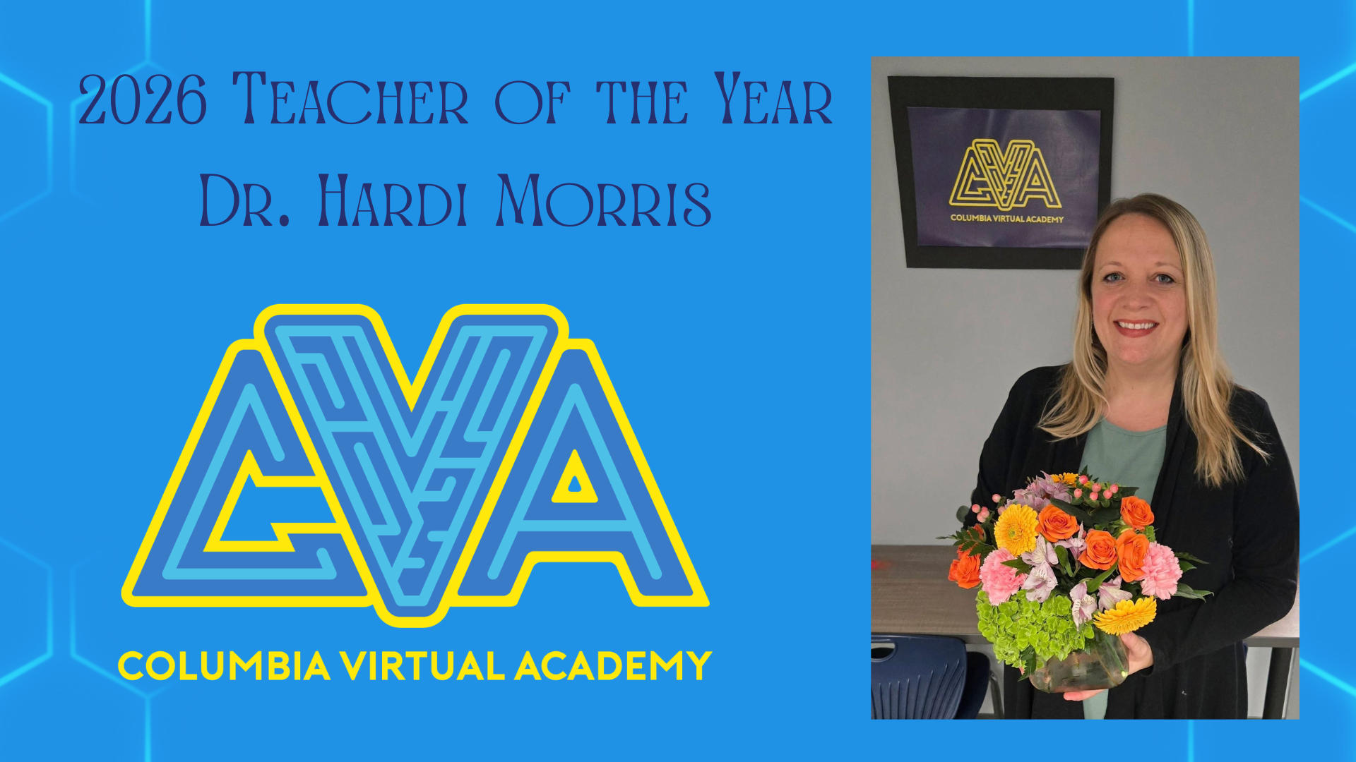 A woman holding a flower bouquet beside a 'Teacher of the Year' announcement.